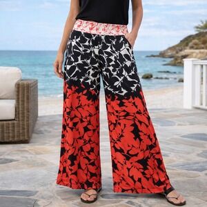 Coco Bianco Wide Leg Palazzo Pants Black Red Leaf Print Pull On Women's Medium